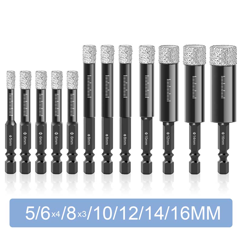 Dry Diamond Drill Bits Set for Granite Ceramic Marble Tile Stone Glass Hard Material Hex Shank Masonry Hole Saw Drill Bit 5-16mm: black