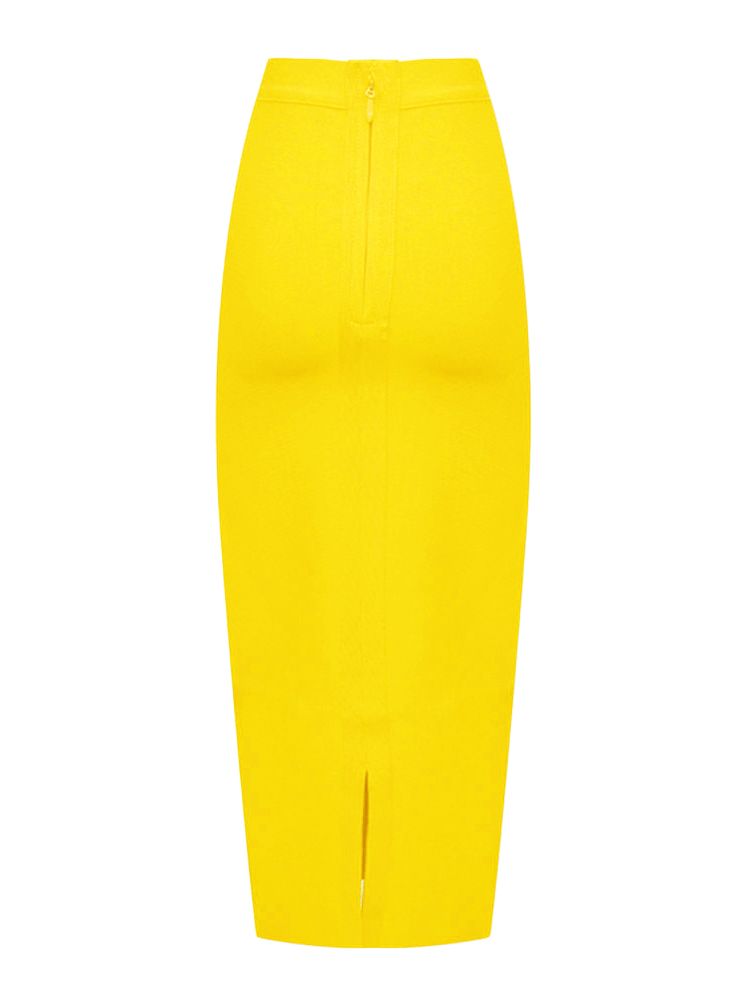 BEAUKEY Sexy Blue Mid Calf HL Bandage Pencil Skirt Long Bodycon Women Stretchable Split Skirt XL Red Women Skirts: Yellow / S