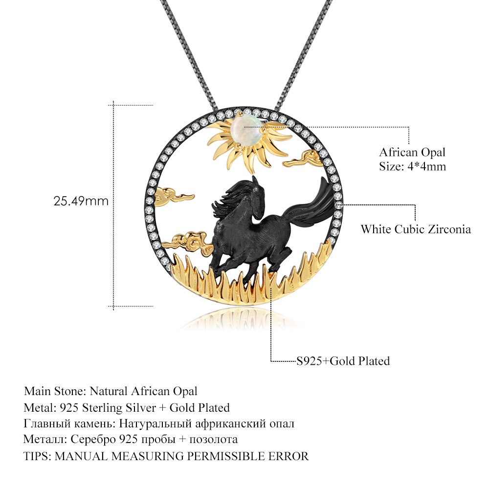 GEM'S BALLET – collier avec pendentif cheval galop pour femme, bijoux en argent Sterling 925, 12 signes du zodiaque chinois, opale africaine naturelle