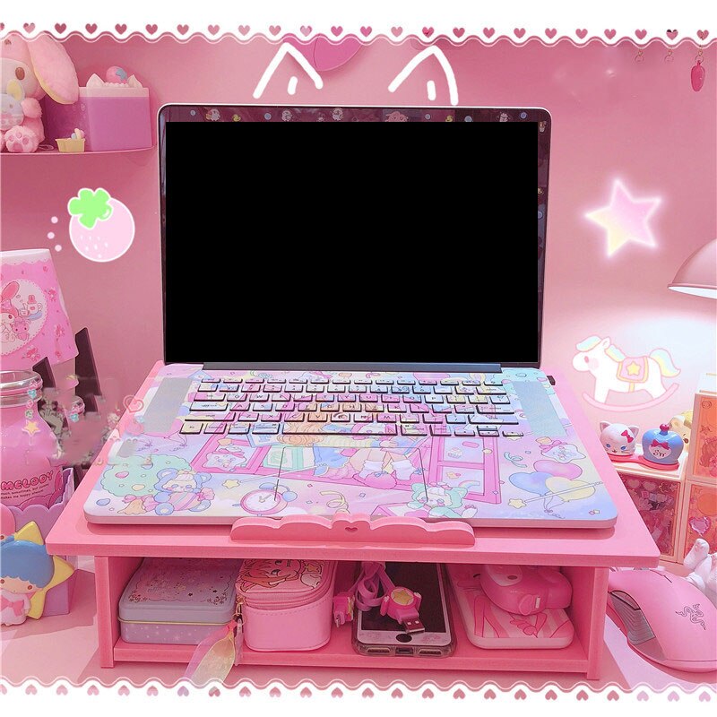 Pink Cute Monitor Stand Desktop Storage Wood Bracket Storage Box Laptop Desktop Computer Monitor Increase Rack Office Supplies: pink B