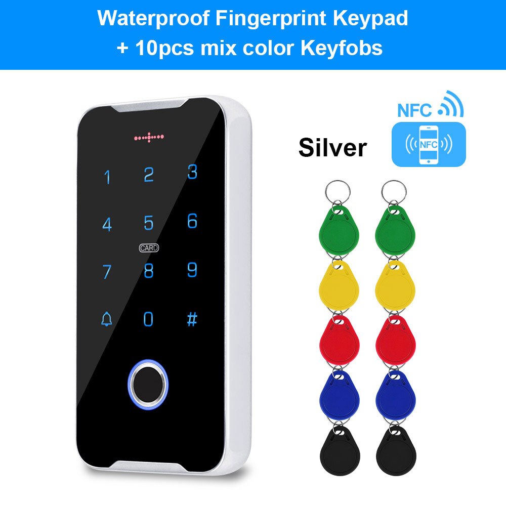 Mobile Phone NFC Access Control Keypad RFID Keyboard Access Controller System Fingerprint IP68 Waterproof 13.56MHz Card Reader: Silver with Mix Keys