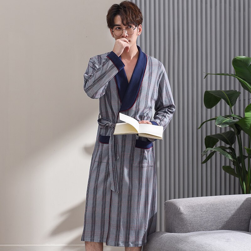 Primavera otoño Albornoz rayado hombres de algodón completo top para dormir batas Kimono para hombre batas bata de baño larga novia batas de 3XL