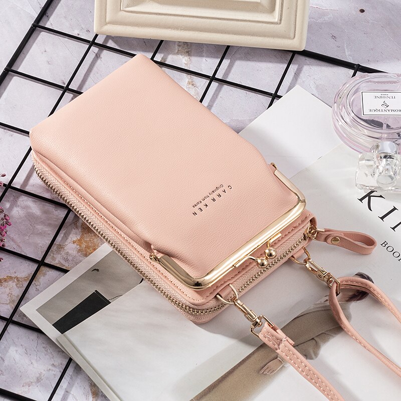 Women's Wallet Double-Layer Mobile Phone Bag Korean Ladies Messenger Shoulder Ultra Soft Multi Card Sto: Pink