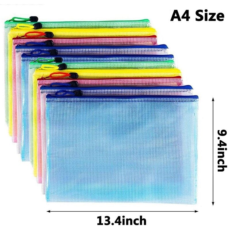 10Pcs Zipper File Bags PVC Document Bag Zipper Folders Document Pouch Receipts Organizer(A4 Mixed Colors)