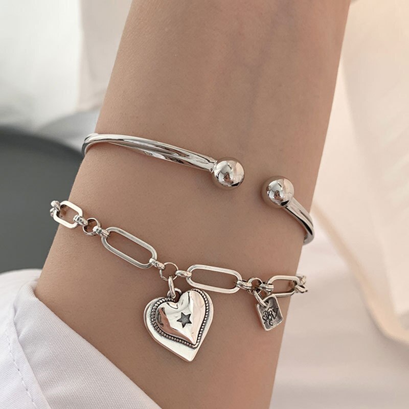 Mewanry 925 Sterling silber Armbinde Trend süßes doppelherz-kette schmuck Party geburtstag für damen: Armbandset