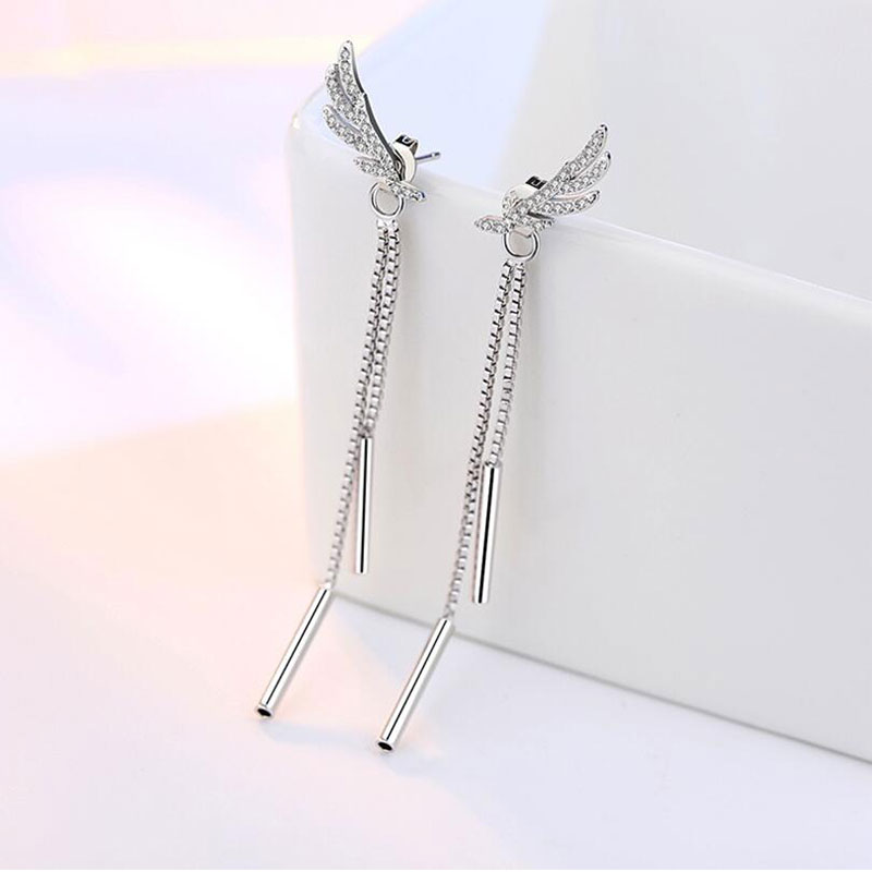 ANENJERY Silver Color Crystal Angel Wings Long Tassel Chian Earrings For Women brincos S-E223