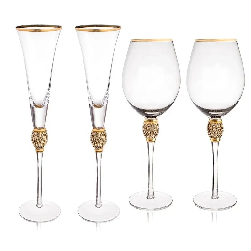 Juego de copas de vino con borde dorado de cristal, 2 uds., , con diamantes de imitación, decorativo, tallo largo, flautas de champán, de copa de cóctel