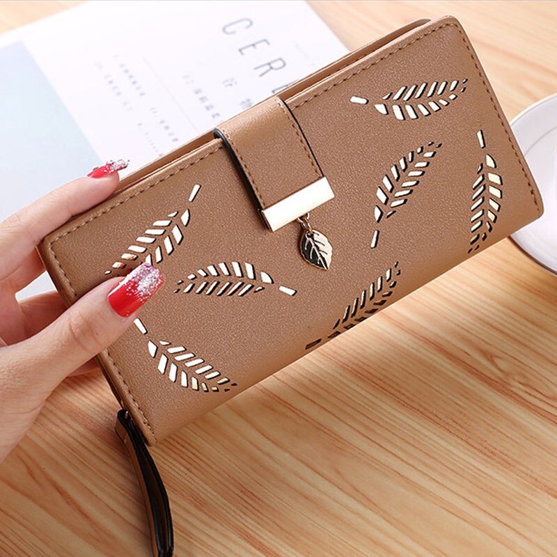 Cartera de cuero con cremallera de para mujer, Cartera de lujo para mujer, pequeña cartera femenina, hojas huecas para tarjetas de crédito: Khaki Long