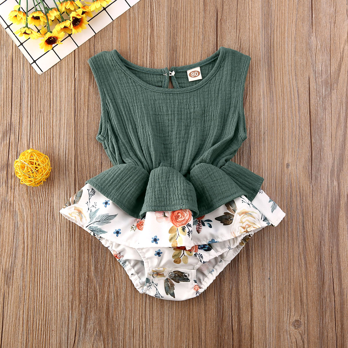 Baby peuter baby meisjes ruches jumpsuit 0-24m mouwloze bloemen print bodysuit zonnepak outfit kleding