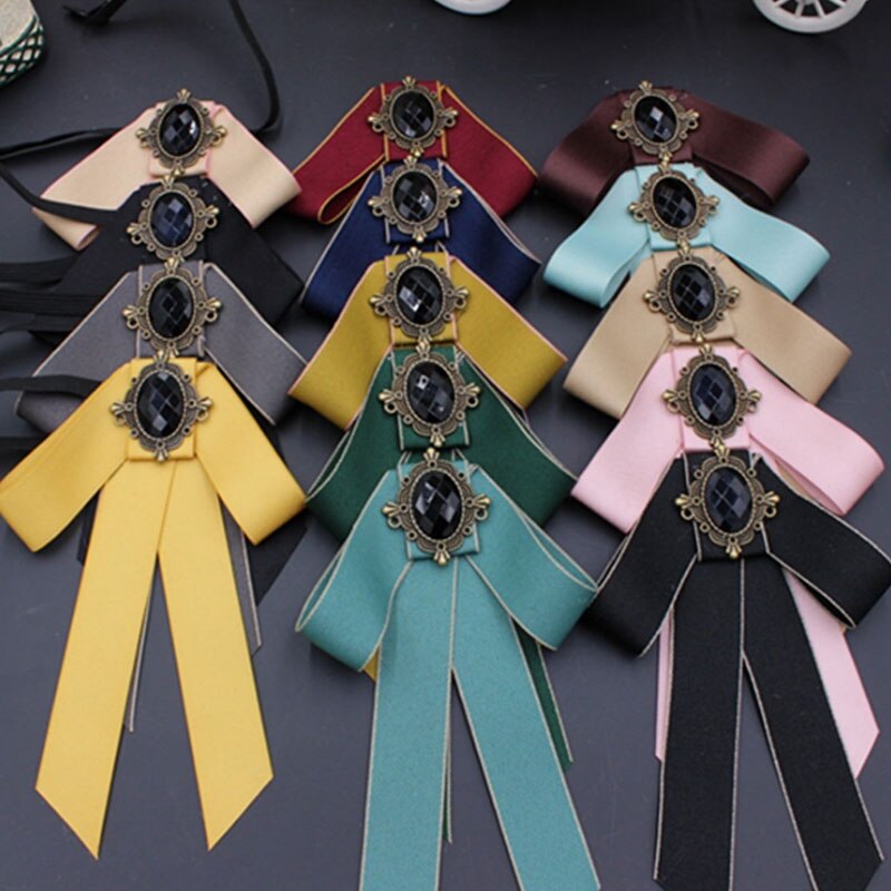 Corbata de moño grande Vintage para mujer, Collar de cinta con borlas de cristal con broche, joyas para un traje , Pin