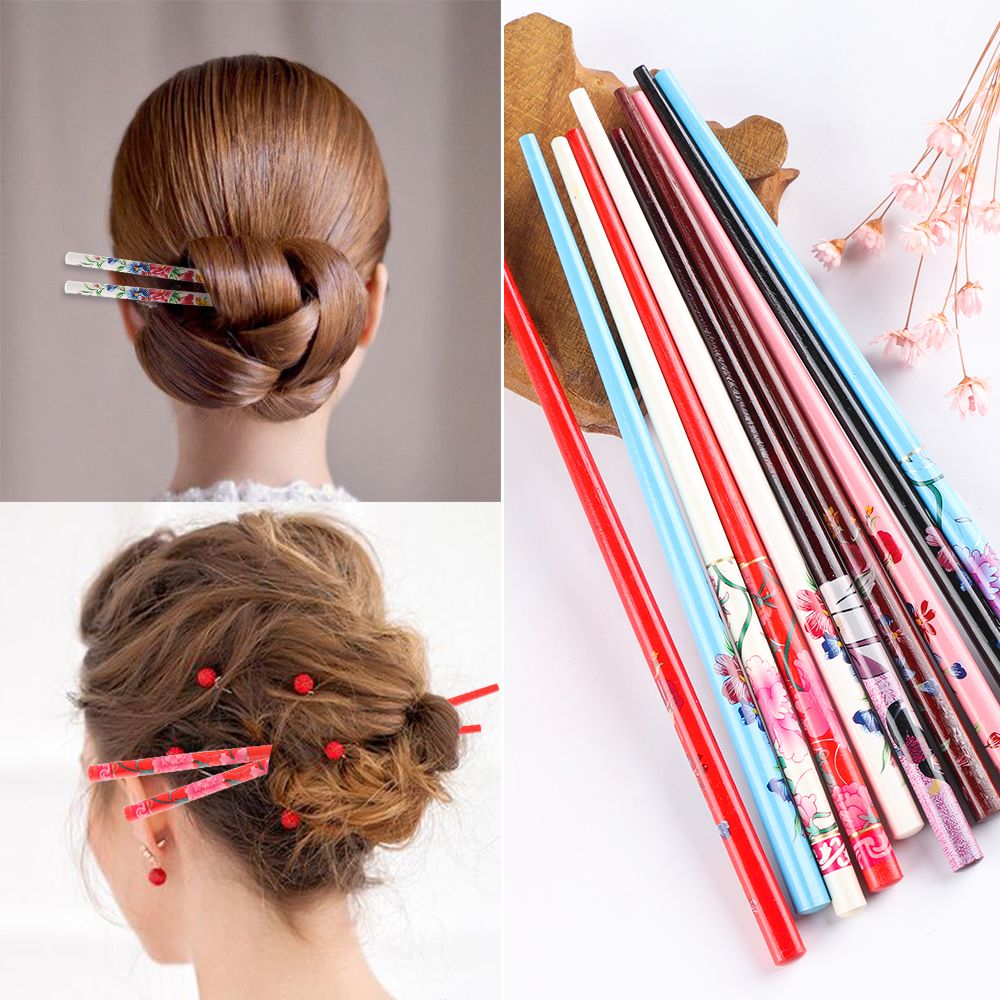 1Pc Women Chopstick Colorful Wood Hair Stick Retro Style Hand-carved Natural Hair Accessories Hair Styling Tool