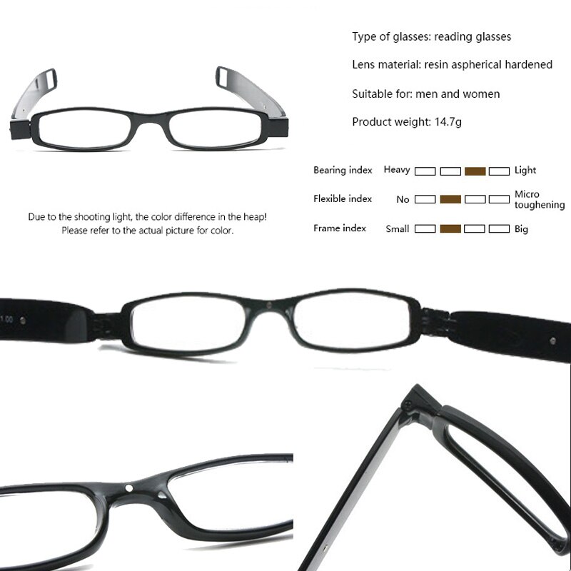 Lunettes de lecture en plastique pour hommes et femmes, avec aimant rotatif, portables, pliables, pour presbytes, en résine HD, 360