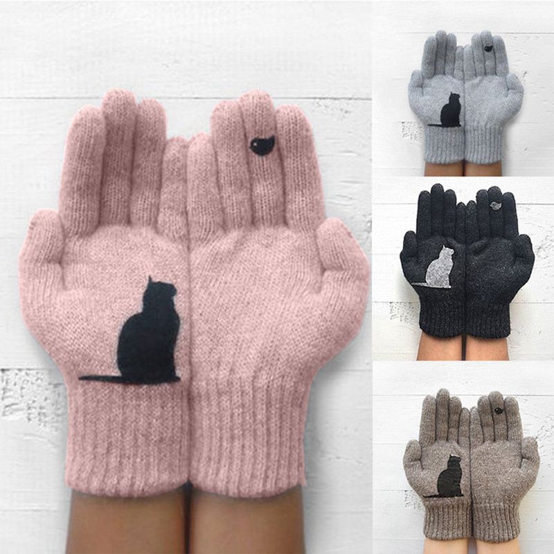 1 Paar Vrouwen Meisjes Mooie Winter Warme Hand Bescherming Handschoenen Cartoon Kat En Vogel Gedrukt Handschoenen Mitten