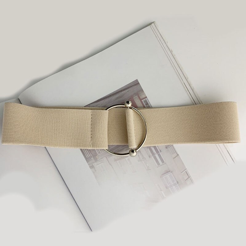 Brett midjebälte dam elastisk korsett midja metallspänne casual midjeband stretch kvinnor klänning bältestillbehör: Beige