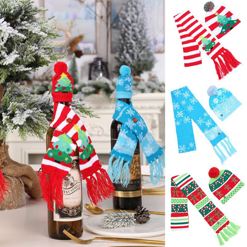 Knitted Ugly Sweater Christmas Wine Bottle Cover Set Scarf And Hat For Xmas Dining Table Decor Wrapping