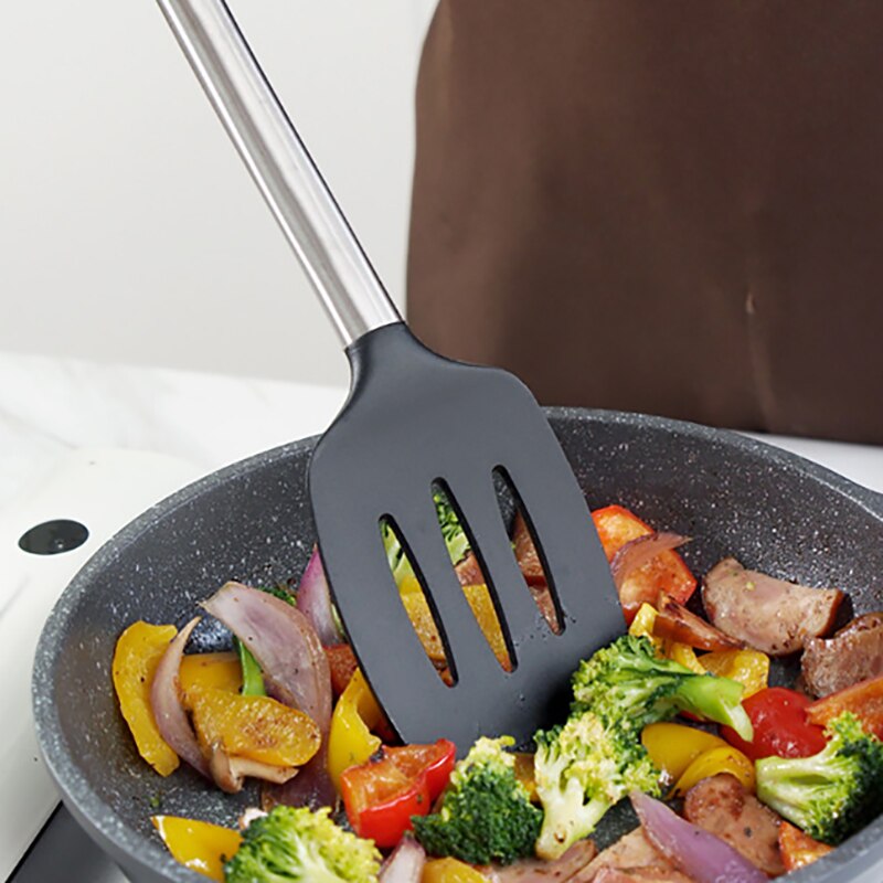 Silikon kjøkkenutstyr sett varmebestandig bakeredskap slikkepott spade suppeskje med trehåndtak non-stick kokekar