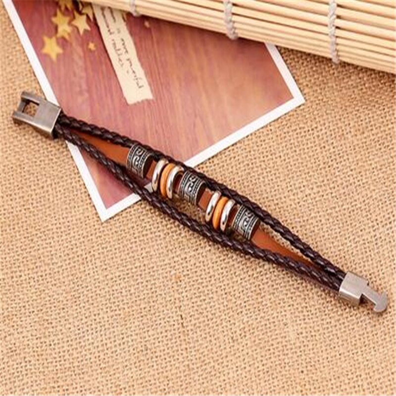 Lucky Vintage Men's Leather Bracelet Wood Beads Charm Multilayer Braided Bracelets Bangles Women Pulseira Masculina