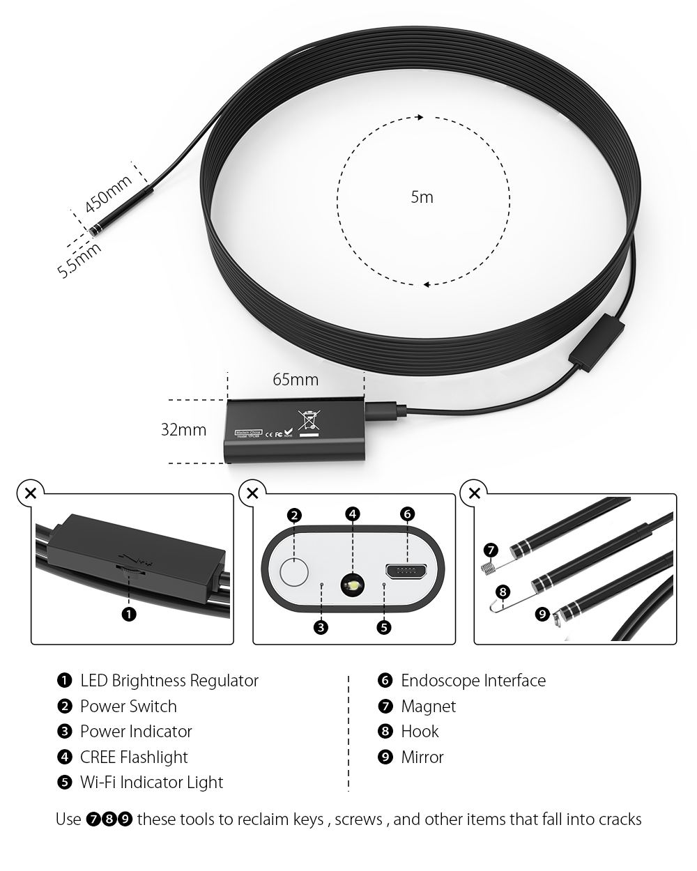 DIGOO DG-YPC99 5.5mm 720P 2 mégapixels Smart WIFI endoscope 3 en 1 caméra d'inspection 1M/3M/5M câble avec 6 LED