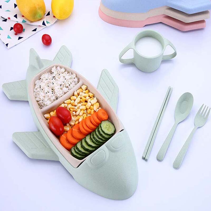 Juego de cuchara y tenedor de avión, juego de palillos para niños, plato de cena escolar, bandeja, vajilla de Almuerzo Bento caja para estudiantes: green 6pcs