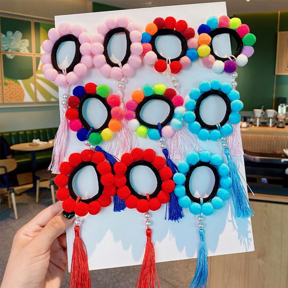 2Pcs Pompom Balls Tassel Elastic Hair Bands for Girls Ponytail Holder Scrunchies Baby Kids Elastic Rubber Band Hair Accessories