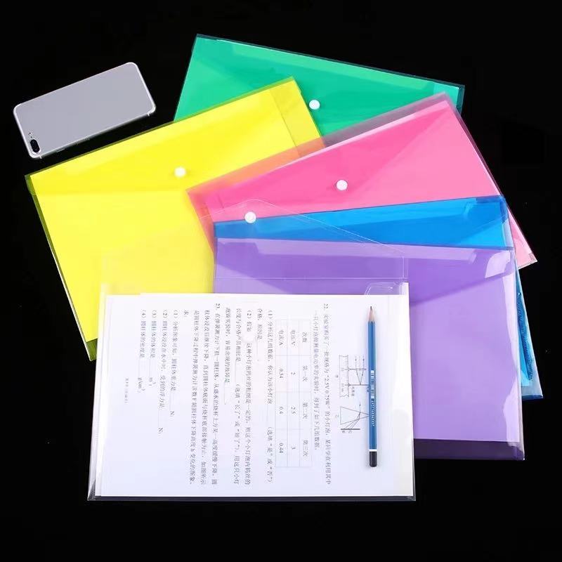 6Pieces/Set Colourful A4 Size Plastic Envelope Transparent Button PP File Bag Test Paper File Bag