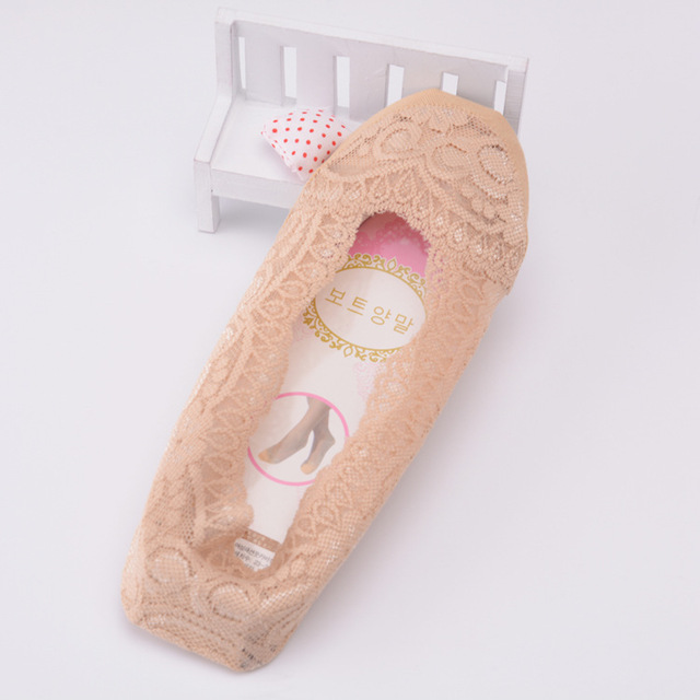 5 Ladies Summer Thin Sock Slippers Silicone Antiskid Ice Silk Socks Seamless Invisible Women Boat Socks Invisible Sock Slippers: 5 flesh-lace