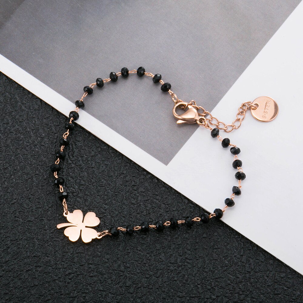 Or Rose trèfle acier inoxydable Bracelets porte-bonheur femmes noir cristal perles chaîne Bracelet bijoux De Joyas De Mujer