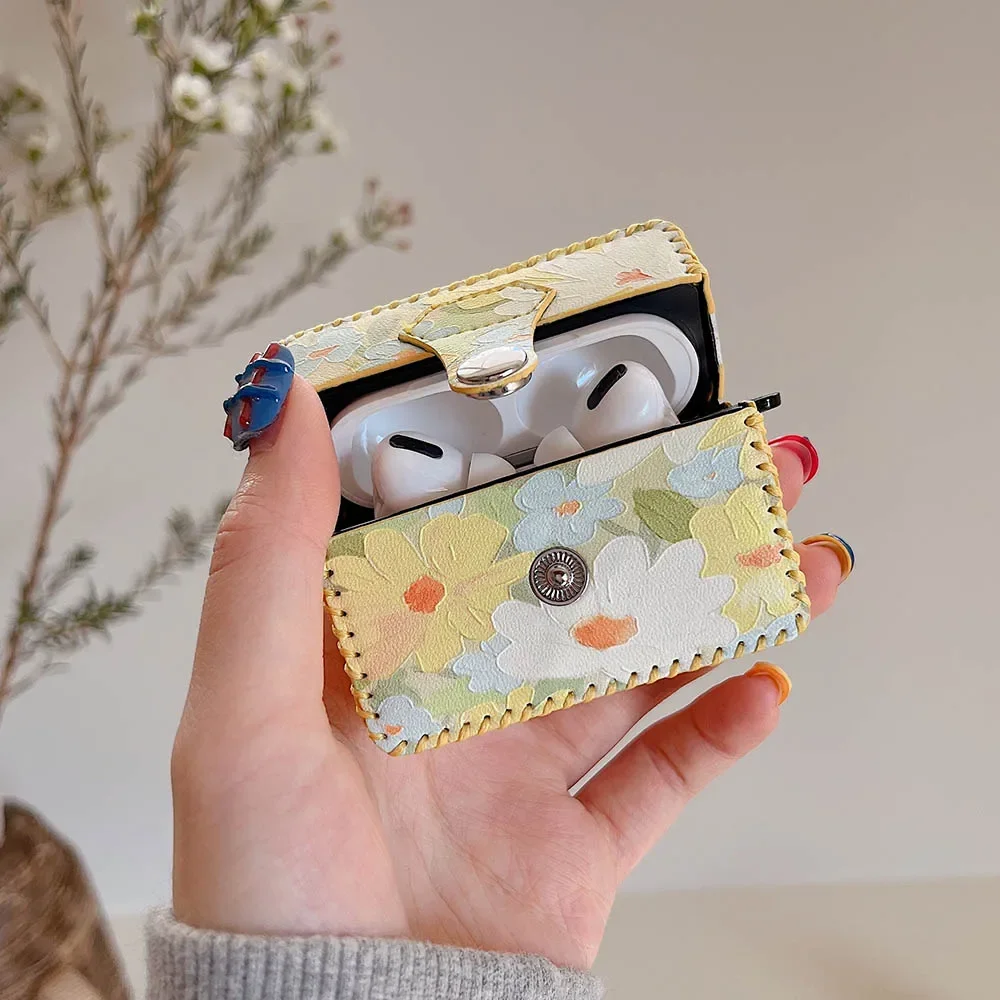 Étui Airpods 4 2 1 3 pour écouteurs, peinture à l'huile de fleurs, housse en cuir Vintage pour AirPod Pro, boîte de Protection: S / Olive
