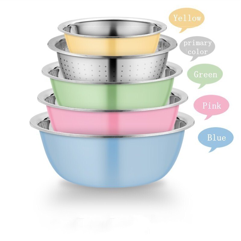 5PCS Stainless Steel Salad Bowl Drain Basket Drainer Mixing Bowls Set