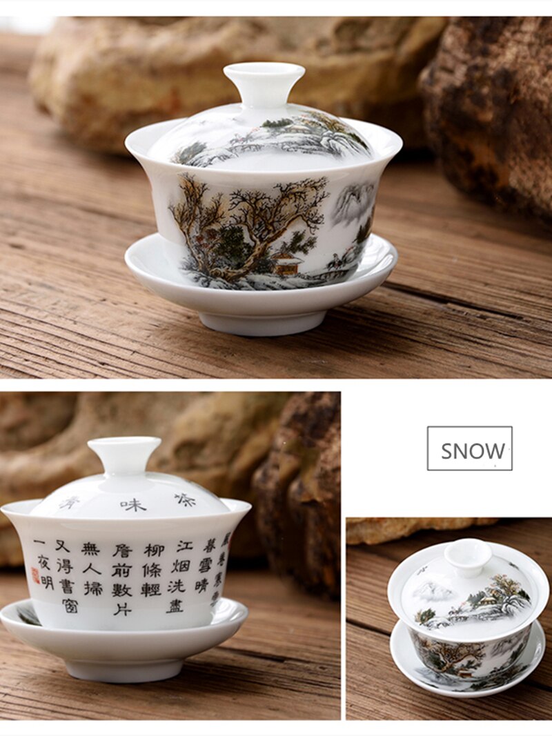 Petit gaiwan 80cc soupière porcelaine céramique | Ensemble de tasses à thé, bol couvert avec couvercle, tasse soucoupe sous glaçure imprimé de mountain river