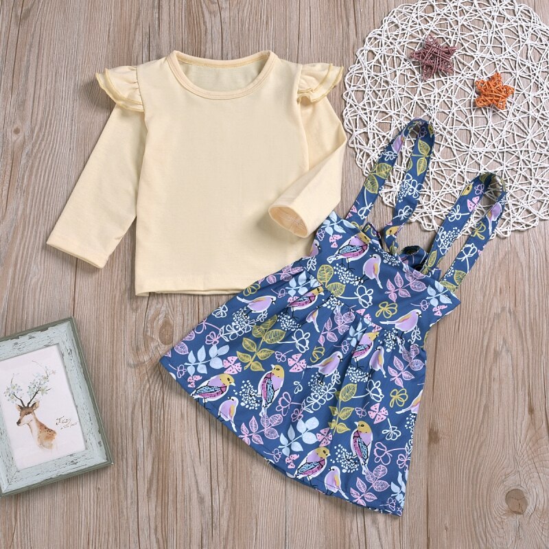 Baby flicka kläder set långärmade t-shirt toppar blommiga klänningar tecknade djur kjol kläder toppar sling kjol set