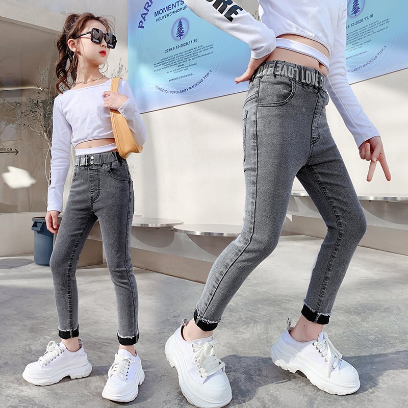 Skinny Fit Children's Jeans 4 5 6 7 8 9 10 12 14Years Teenager Slim Jeans Korean Solid Color Denim Pencil Pants Student Girls