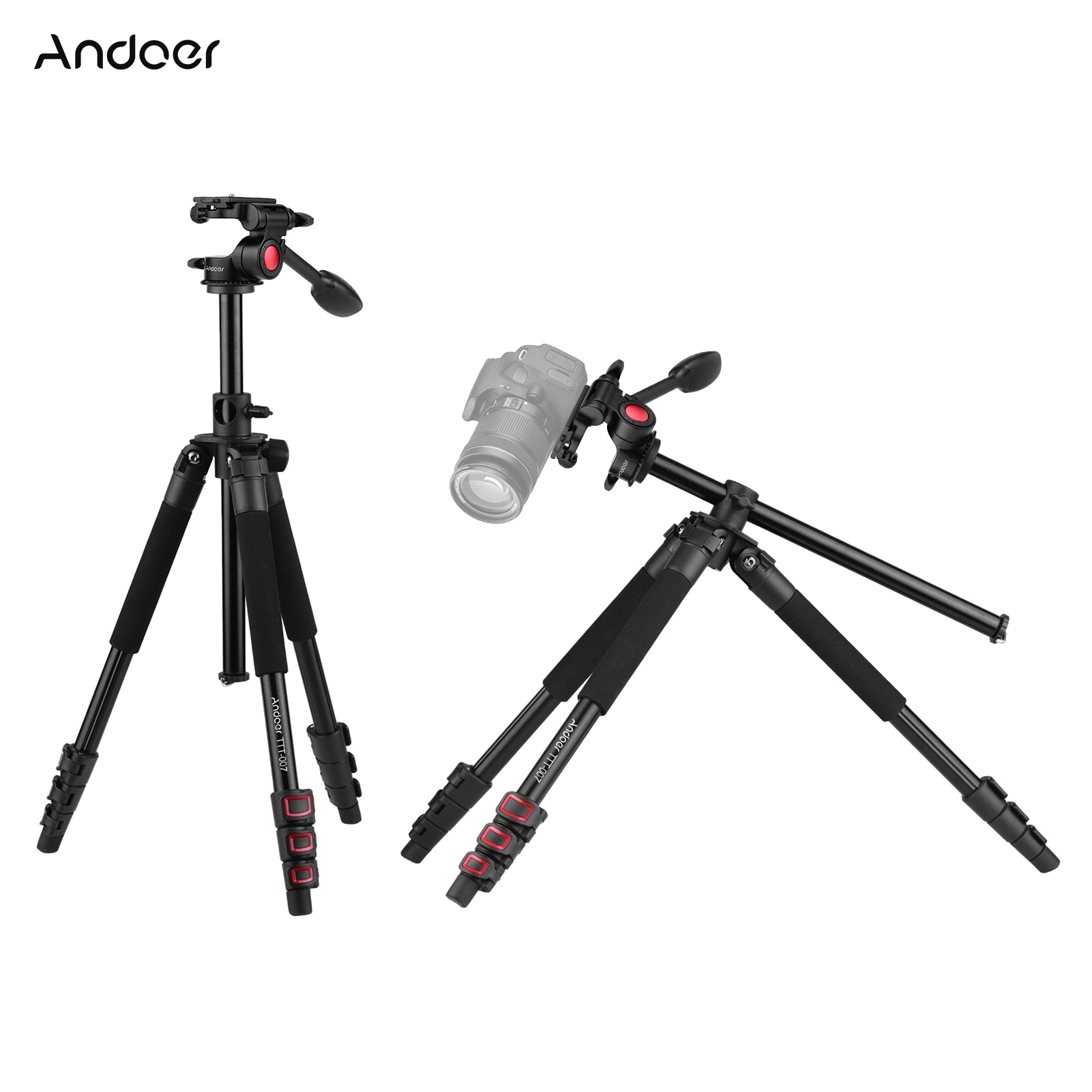 Tripé de câmera andoer de 162cm, tripé de liga de alumínio + cabeça de tripé de 3 vias para câmeras dslr ildc com carga máxima de 8kg
