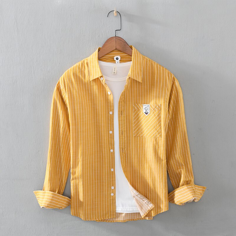 long-sleeved brand shirt men stripe yellow shirts for men trendy comfortable tops men camisa masculina chemise: yellow / XXXL (Asian size)