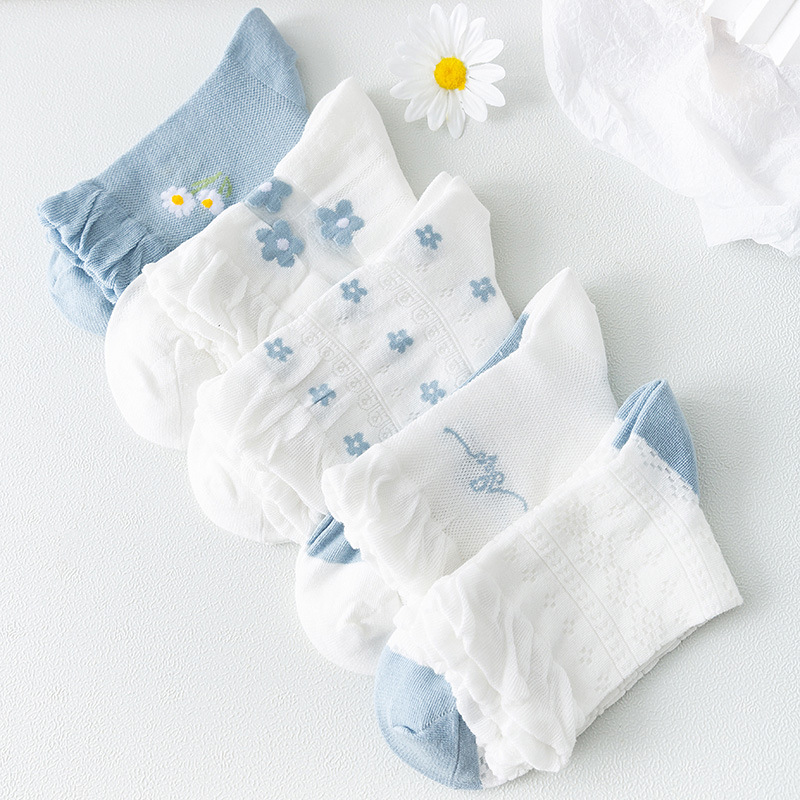 Baumwoll socken Frauen weiße Spitze weibliche dünne Mittel rohr eins Blumen druck niedlichen Baumwolle Frühling Herbst Sommer Rüschen Mädchen Strümpfe