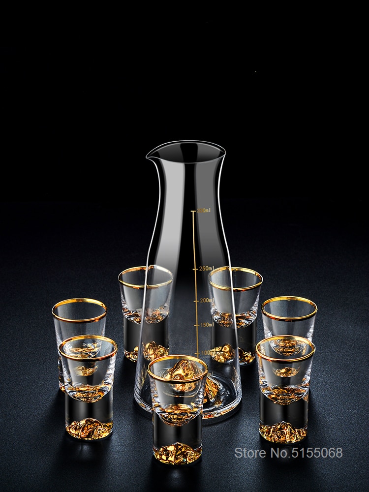 Top Grade Golden Mountain Liquor Shot Glass Wine Decanter Crystal Vodka White Spirit Gold Foil Dispenser Small Cups Wineglass