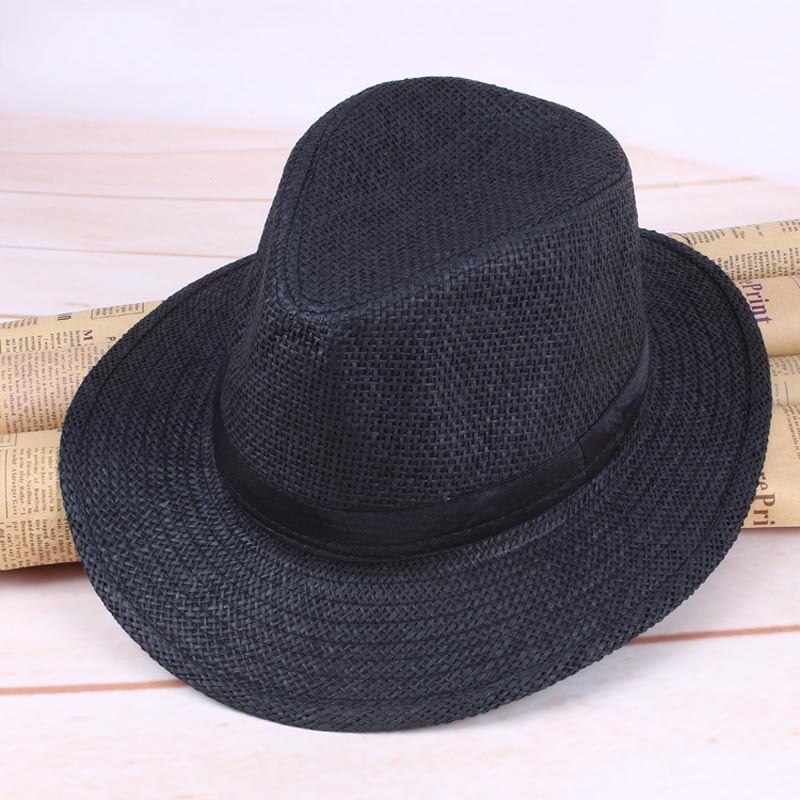 Mannen Stro Panama Hoed Handgemaakte Cowboy Cap Zomer Strand Reizen Zonnehoed Nyz Winkel: Black