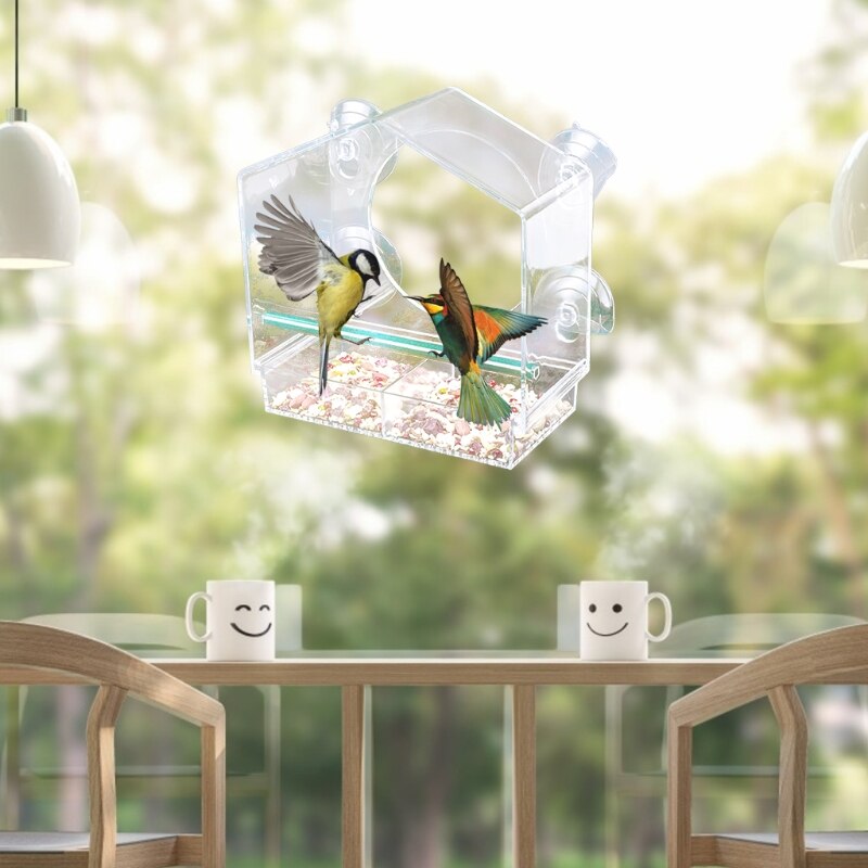 Acrylic Window Bird Feeder Strong Suction Cups Weatherproof with Shield Roof Drain Holes Outdoor Clear Bird House