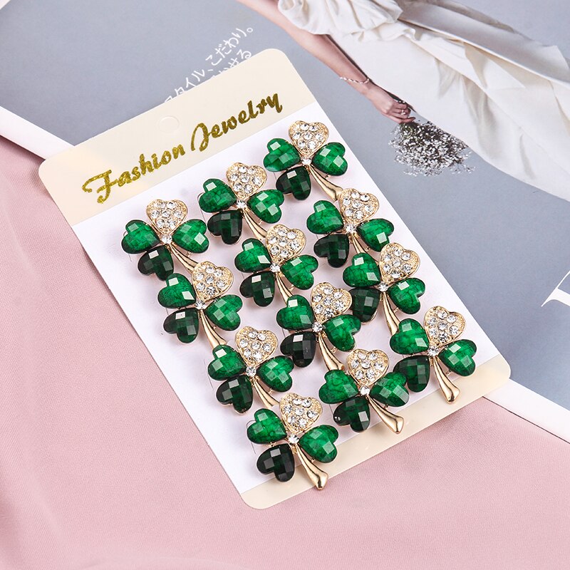 Baiduqiandu Set of 12 Crystal Green Leaf Brooch Lapel Pins Clothing Hijab Jewelry Accessories