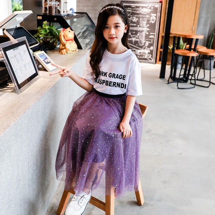 Falda blanca y negra para niñas, ropa de calle activa, primavera y verano, vestido de princesa, falda de malla: Morado / 120