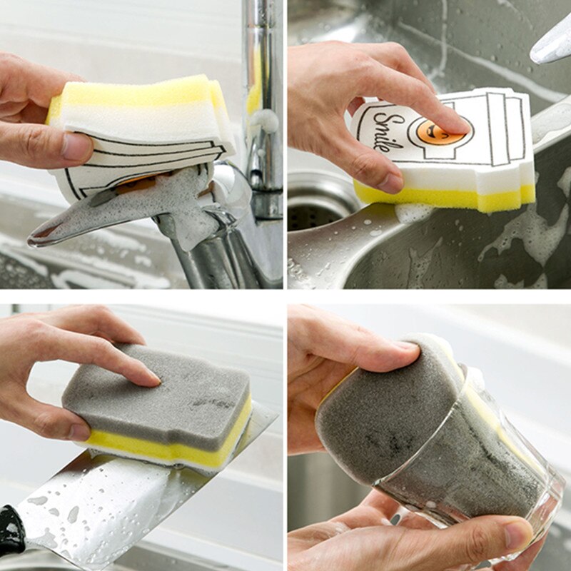 4PCS Smiley Face Thick Cleaning Sponge Strong Decontamination Dish Washing Cloth Kitchen Cleaner Sponges Scouring Pads