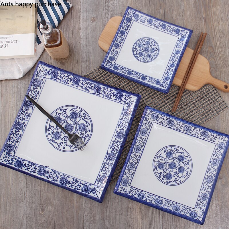 Ceramika niebiesko-biała patelnia robić steków restauracja zachodnia płyta strona główna kwadratowe płytki talerz hotel dekoracyjne zastawy stołbyć winnym płytkie naczynie