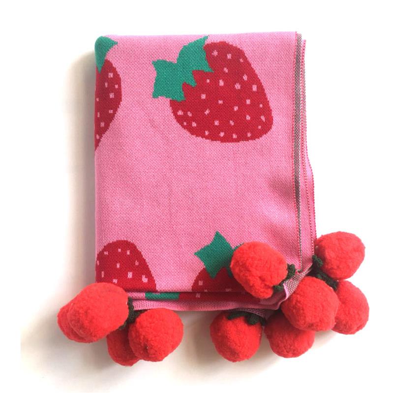 100 x 120cm flickor jordgubbe 2 lager vintertjock bomullsstickad baby filt med tofsar bollar barn baksätet täcka barn täcke: Rosa (med boll)