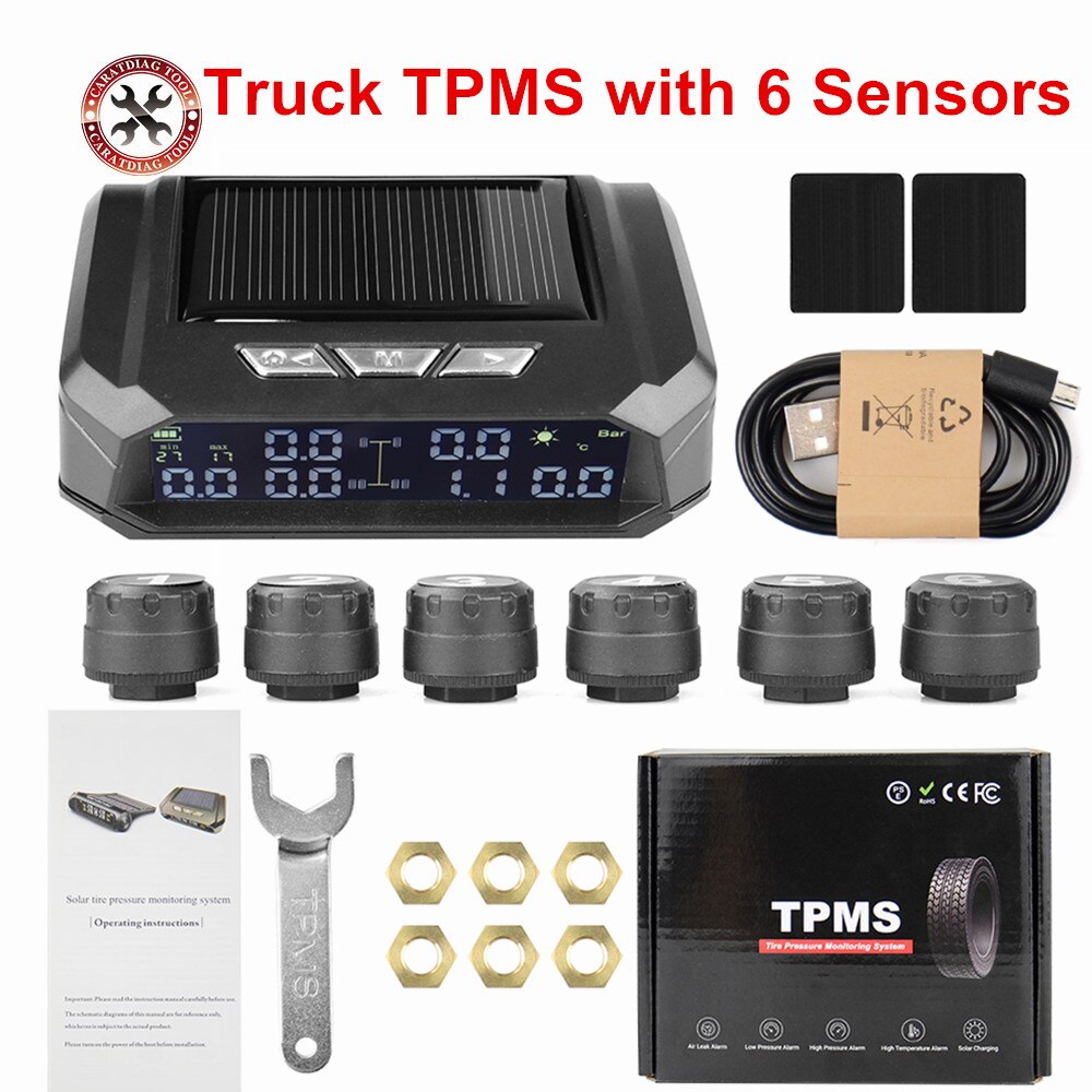 Universal Truck TPMS With 6 External Sensors Tire Pressure Monitor Solar USB Charging Tyre Pressure Monitor for Truck Safety