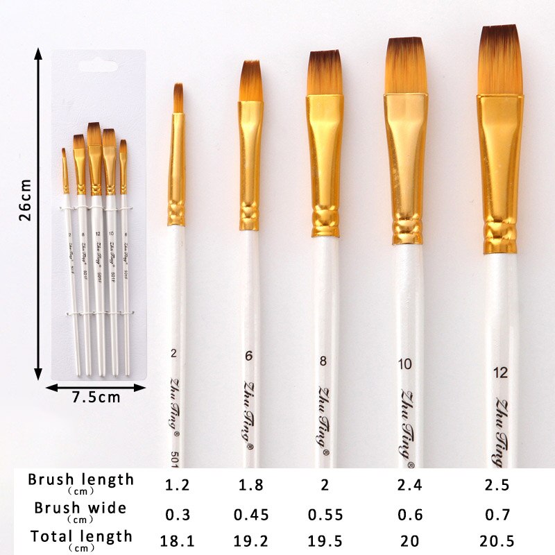 Artist Paint Brush Set 5Pcs Nylon Hair Wood Black Handle Watercolor Acrylic Oil Brush Painting Art Supplies: Flat