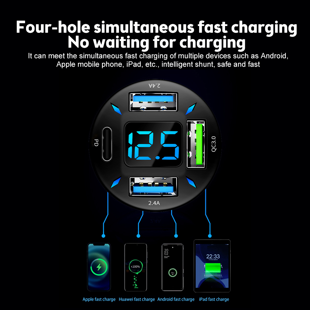 66 W Auto Volt Meter 4 Poorten USB Autolader Snel Opladen PD Quick Charge 3.0 USB C Auto telefoon Oplader Adapter Voor Telefoon Voltmeter