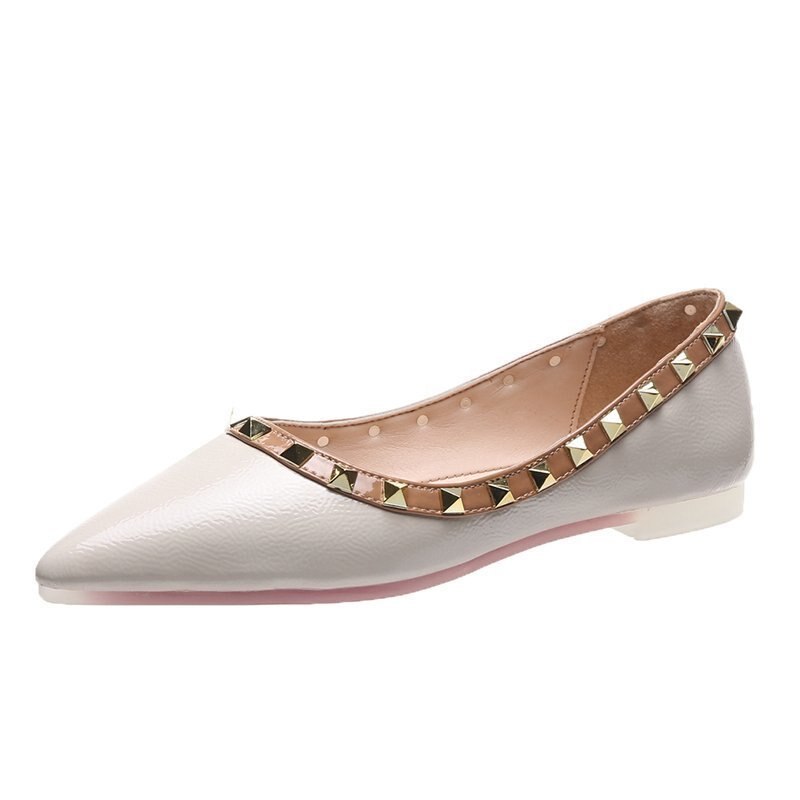 Nitar flats lack läder slip on platta skor spetsiga tå båtskor dam loafers godis färg kvinnlig sko zapatos mujer 8147c: Beige / 4.5