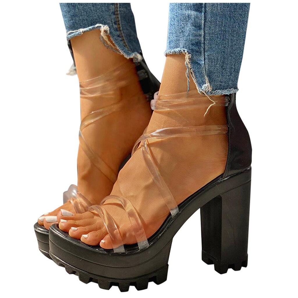 Sandaler dam chunky klackar med dragkedja vattentät plattform höga klackar skor sandaler svart orange fyrkantig klack: Svart / 6.5