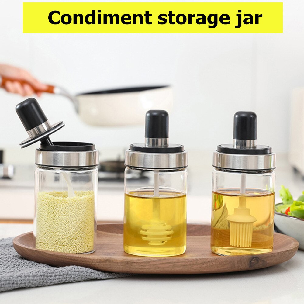 Opbevaring af krydderier til køkkenopbevaring af glaskrydderiflaske, saltboks, pebershaker, ske, sukkerskål og saltkar