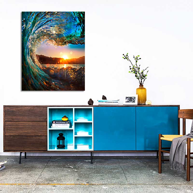 Gør-det-selv oliemaling efter nummer kit, maleri malerværk solnedgang bølge havlandskab tegning med børster 16 x 20 tommer juledekoration tob